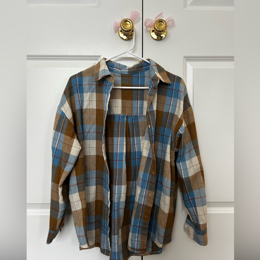 SHEIN, brown white and blue plaid flannel, size Small.